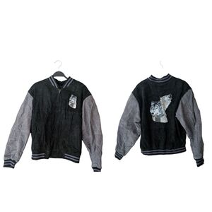 Vintage 90s Wolf Embroidered Suede Varsity‎ Streetwear Bomber Jacket Size Large
